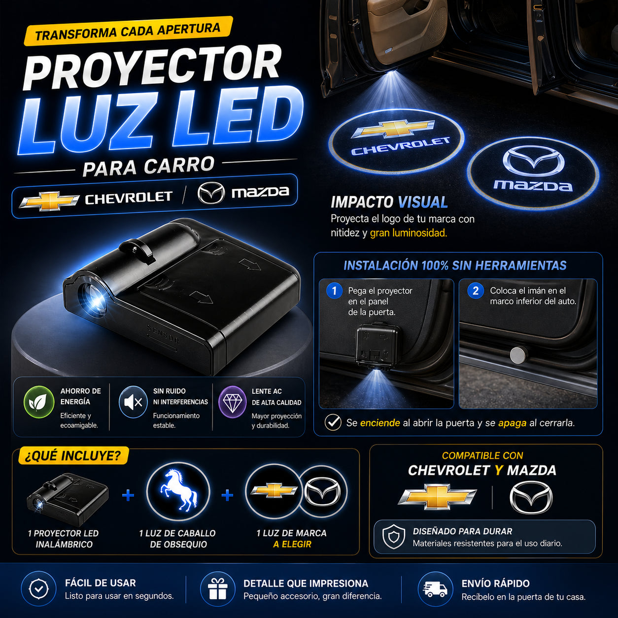 PROYECTOR LUZ LED CARRO CHEVROLET Y MAZDA